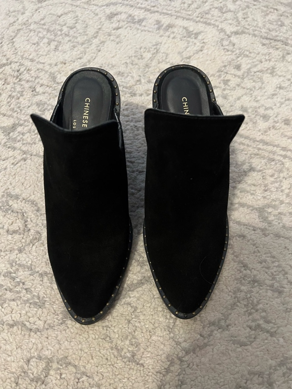 Chinese Laundry Black Suede Pointed Mule with Stud Trim
